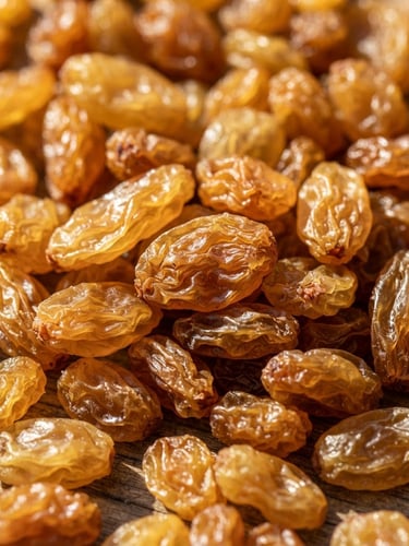 Macro photograph of premium golden Afghan raisins, sun-drenched, highly detailed skin texture, bright natural light, shallow depth of field