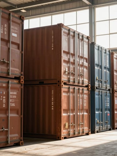 Wide angle photograph of high-end clean logistics warehouse, stacked cargo containers, warm natural sunlight streaming through high windows, dust motes in light