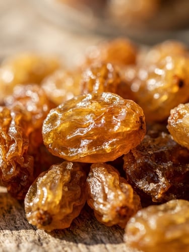 Extreme macro shot of golden raisins glistening in bright natural sunlight, rich warm earth tones, shallow depth of field, high contrast textures.