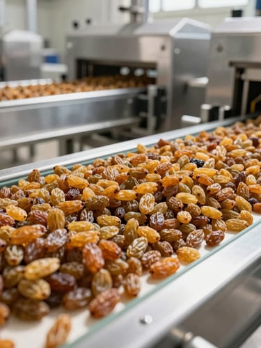 Wide angle shot of a modern clean agricultural processing facility, stainless steel machinery, meticulously sorted golden raisins on a conveyor belt, bright natural light.