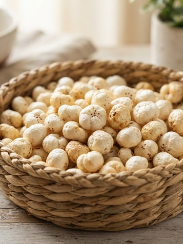 Elegant close-up of premium graded makhana in a hand-woven basket, soft natural morning light, shallow depth of field, 50mm