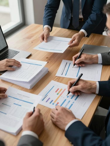 Wide shot of a meeting room table from above, executive hands spreading printed compensation analysis sheets and annotated salary band charts across a light wood surface, natural window light from the left, a laptop screen faintly visible at the edge showing a data grid