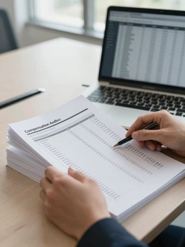 Close-up of hands turning pages of a printed compensation audit report on a light-toned conference table, a laptop screen showing salary band charts softly visible in the background, natural daylight from a large window, precise and analytical atmosphere