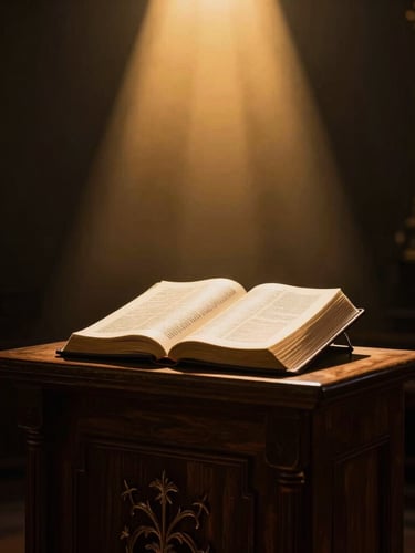 Dramatic church altar photography, warm golden spotlight cutting through deep darkness, holy Bible open on a wooden pulpit, high contrast, 35mm