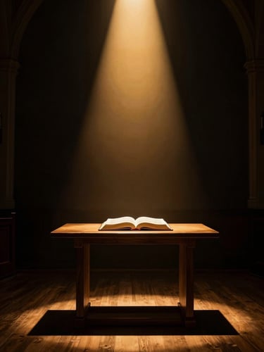 Dramatic church photography, warm golden spotlight cutting through deep black background, empty wooden altar with open bible, 35mm high contrast