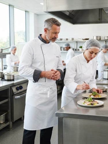 Chef profesional con uniforme impecable supervisando la preparación de alimentos en una cocina industrial reluciente, bajo luz natural brillante. Enfoque en la limpieza y el detalle.