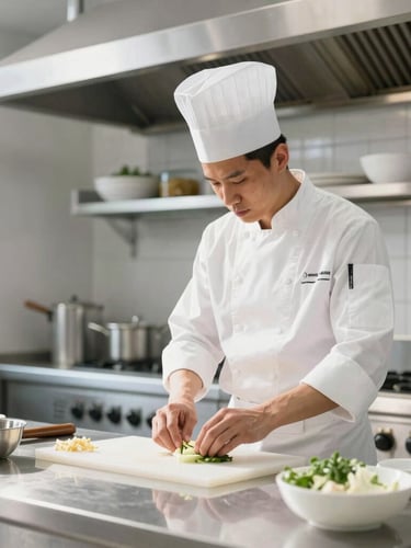 Portrait shot of a professional chef in a spotless, modern industrial kitchen, wearing clean whites, meticulously arranging ingredients on a stainless steel counter, bright natural daylight, soft shadows, deep petroleum and fresh white tones.