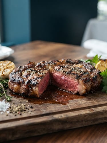 Close-up of a perfectly grilled steak, medium-rare, with grill marks, resting on a wooden board, surrounded by elegant garnishes, bright natural daylight, soft shadows, professional architectural lens.