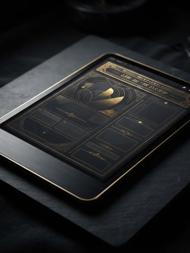 Dark luxury product photography of a 3D gold-trimmed digital workbook mockup on a sleek tablet screen, dramatic low-key studio lighting, deep charcoal background, sharp macro focus, 35mm