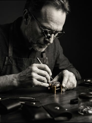 Dramatic low-key studio portrait of a focused creator in a dark minimalist setting, high-contrast black-and-white, sharp directional key lights, 35mm