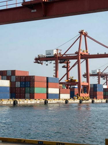 Wide panoramic deep-water port with stacked shipping containers under hard daylight, industrial framing, sharp focus.