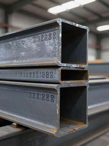 Tight macro shot of stacked structural steel beams in an industrial warehouse, cold fluorescent lighting, metallic textures and batch numbers visible.