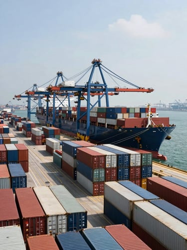 Wide shot of a deep-water shipping port with rows of stacked containers, a large container ship docked, daylight, industrial atmosphere