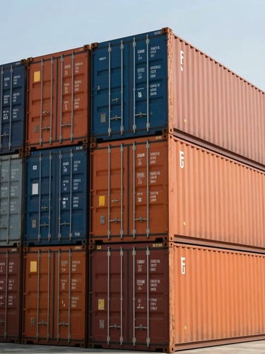 A towering stack of industrial shipping containers in a port yard under hard daylight, steel textures, orange and blue containers.