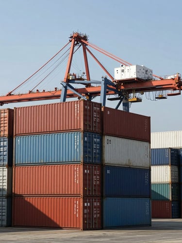 Wide dramatic view of stacked shipping containers at a deep-water industrial port, hard daylight casting sharp shadows, massive container crane in the background, high-contrast industrial composition.