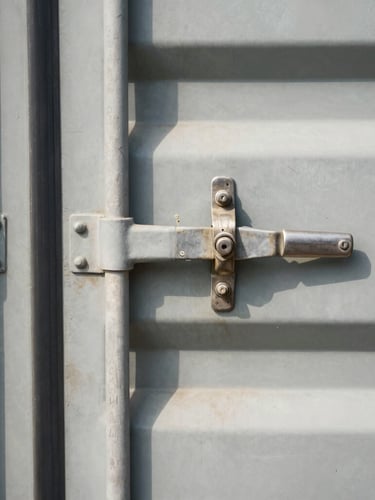 Tight macro shot of a shipping container door lock with metal seals and batch numbers, hard daylight