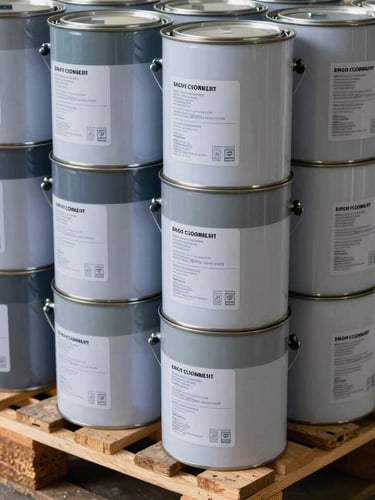 Close-up of industrial paint containers stacked on wooden pallets, batch numbers and European certification labels visible on the metal cans
