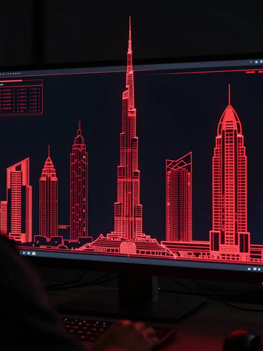 Over-the-shoulder shot of a high-tech studio monitor displaying glowing red architectural blueprints of a Dubai skyscraper, low-key lighting, ultra-modern setup