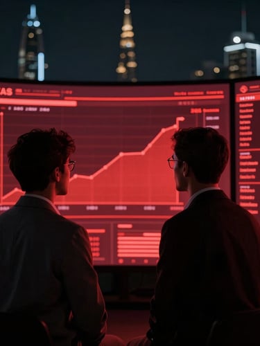 Professional over-the-shoulder studio angle of a market analyst looking at glowing red data screens showing Dubai real estate charts, dramatic key lighting, 35mm.