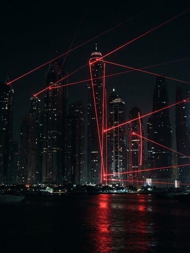 Cinematic night photography of Dubai Marina skyline, dramatic low-key lighting with glowing red laser lines, high-contrast deep black shadows, 35mm.