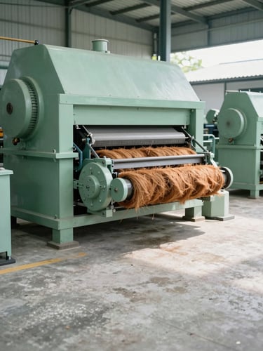 Industrial processing facility in Indonesia, clean concrete floor, large-scale coconut fiber processing machinery, bright natural daylight, desaturated green tones, 35mm