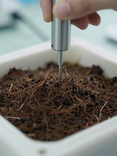Macro close-up of dark coconut peat fibers being measured for electrical conductivity in a clean, modern laboratory, bright daylight, technical precision