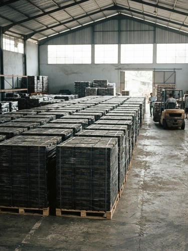 Clean industrial photography of neatly stacked pallets of coconut charcoal briquettes inside a spacious Indonesian export warehouse, bright natural daylight streaming through high windows, desaturated green and slate tones, sharp focus, 35mm