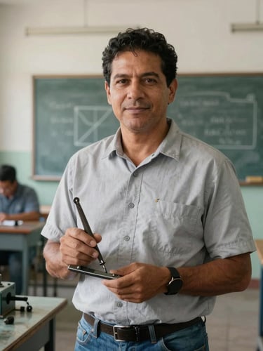Dignified portrait of a Colombian technical instructor in a high-school mechanical workshop, natural daylight, holding drafting tools, 35mm lens, realistic setting.
