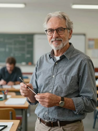 Dignified portrait of a senior technical educator in a workshop, holding a drafting tool, looking confident, natural daylight, 35mm lens