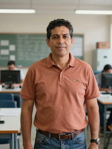 Dignified portrait of a Colombian technical instructor in a high-tech workshop, natural daylight, warm terracotta tones, 35mm lens.