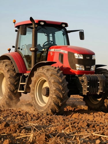 Close-up of a powerful red Massey Ferguson tractor working a dry soil field in Ceará, dust kicking up behind massive wheels, low-angle heroic framing, warm golden hour sunlight.