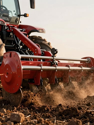 Heroic close-up of a robust Baldan CRSG harrow slicing through dark soil, dust rising in the warm afternoon light, mechanical steel details visible.
