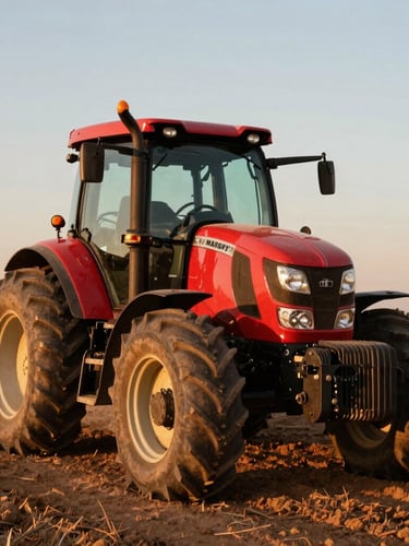 Low-angle heroic shot of a red Massey Ferguson tractor working a dusty field in Ceará during golden hour, rich red metal reflecting warm sunlight.