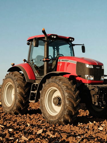 Low-angle heroic shot of a Massey Ferguson planter parked in a cleared field in Ceará, bright clear daylight reflecting off the classic red paint.