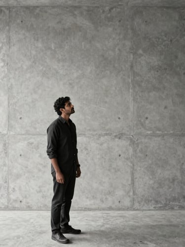 Professional portrait of Sadman Sakib Rafeo, architect, in a minimalist, light-filled architectural space, contemplating a design, sharp side-lighting, desaturated concrete and charcoal tones.