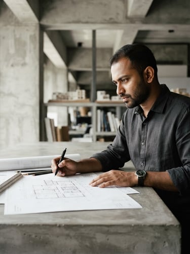 Professional portrait of Sadman Sakib Rafeo, architect, in a modern, minimalist studio, sharp side-lighting, warm concrete tones, focused, determined expression.