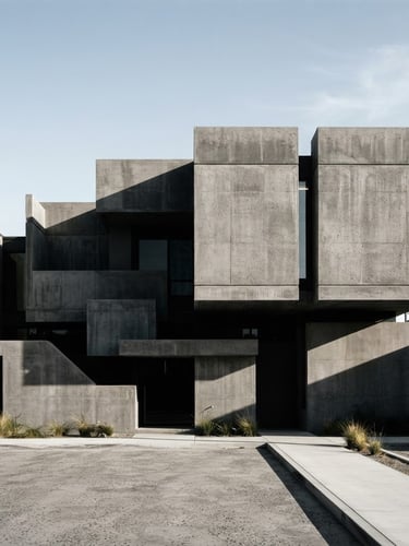 Wide shot of a minimalist concrete facade with sharp side-lighting, emphasizing monolithic forms and shadow play, 35mm architectural lens.