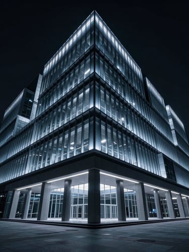 Sleek dark-mode technology photography, high-contrast cool blue highlights, architectural interior of a high-tech corporate headquarters with geometric lighting, cinematic wide shot, 35mm