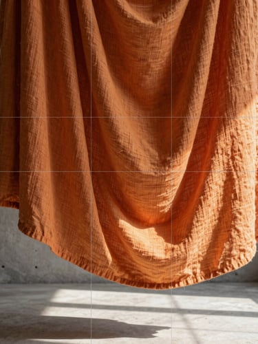 Macro shot of premium orange linen drapery hanging in a sun-drenched concrete interior, showing photorealistic fabric physics and a delicate AR grid overlay.