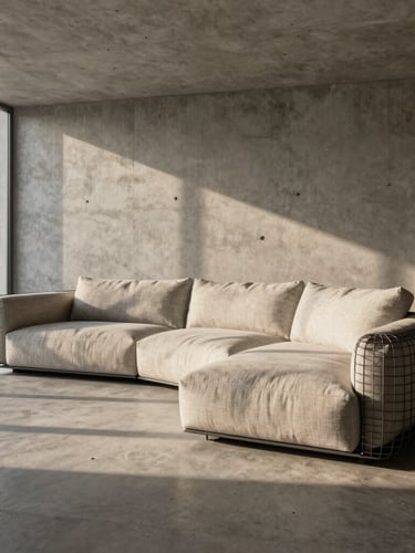 Wide-angle architectural render of a minimalist concrete living room in Riyadh, golden-hour sunlight casting sharp shadows, a luxury modular sofa with highly detailed linen texture merging seamlessly into a wireframe mesh on the right.