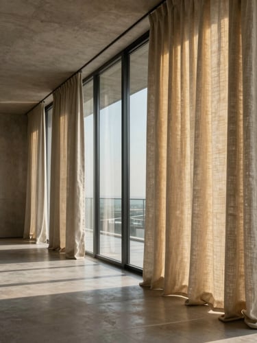 Wide cinematic architectural shot of a sun-drenched Riyadh penthouse with concrete walls, floor-to-ceiling glass, and a high-fidelity digital render of premium linen curtains casting sharp golden-hour shadows.