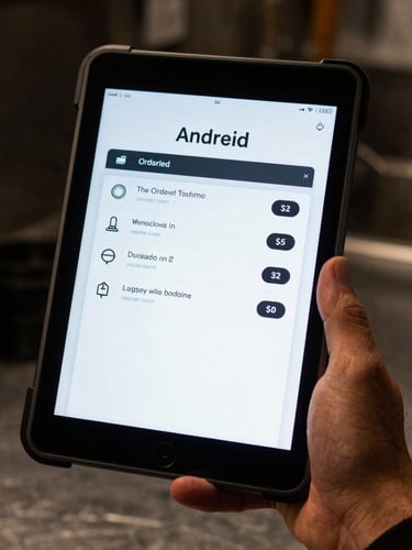 Close-up of a rugged Android tablet displaying a native ordering app, held by a server's hand mid-service, with moody kitchen lighting and cool screen glow, 35mm lens.