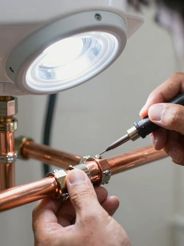 Close-up of a technician soldering copper pipe joints for a residential water heater, bright focused work light, clean professional execution