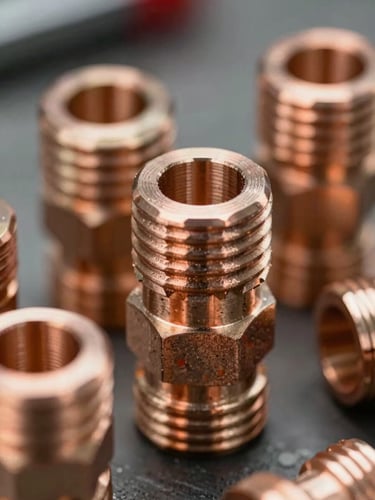 Close-up of clean, professionally soldered copper pipe fittings under bright work lights, reflecting structural precision and master craftsmanship.