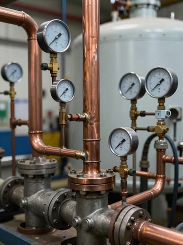 Industrial commercial boiler room with clean copper pipe soldering joints, pressure gauges, and organized mechanical fittings.