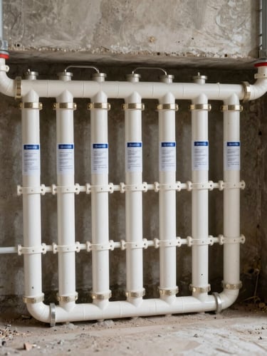 Manifold system of clean PEX plumbing lines installed in a residential basement, neatly labeled and organized, bright daylight