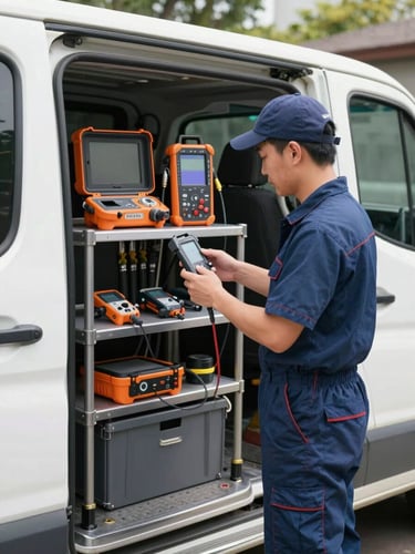 A professional plumbing technician standing next to a clean, organized service vehicle loaded with high-tech diagnostic gear under bright daylight.