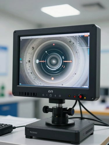 Close-up of a high-tech sewer camera monitor showing clear pipe interiors, bright workspace lighting, professional plumbing diagnostic rig.
