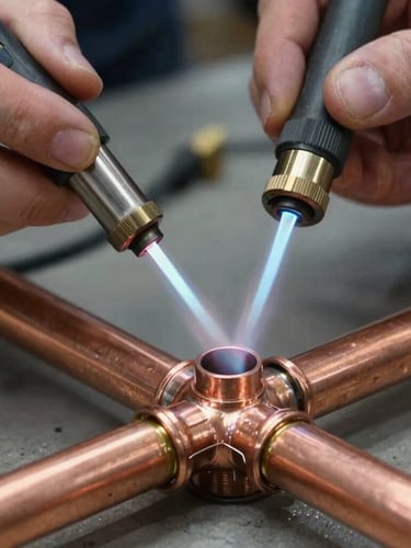 Close-up shot of a professional technician soldering clean copper pipe joints with a bright, focused torch flame, crisp daylight illuminating the metallic textures.