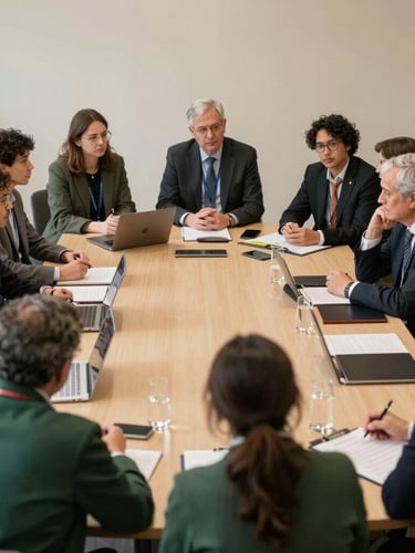 A wide environmental shot of an active research roundtable with international policy makers and local mediators in deep discussion, soft warm indoor ambient light.